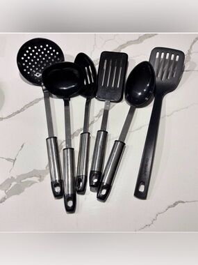 Stainless Steel Black Plastic Serving Utensils 5 Piece Set Spoons Ladle + Turner